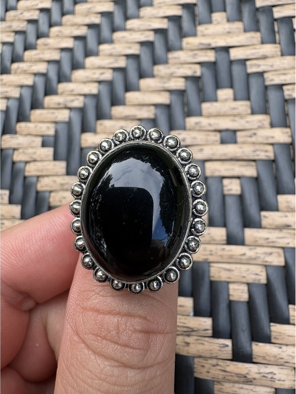 Stamped 925 Oval Black Beaded Edge Bezel Statement Ring Size 9.25